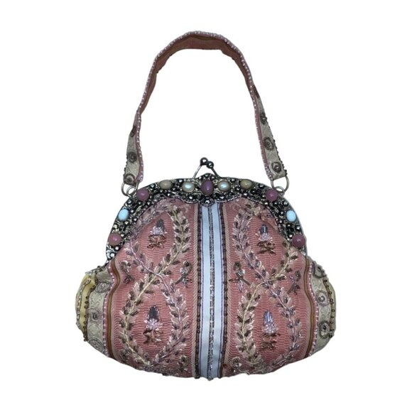 Vintage Christiana Pink Satin Lining Beaded Embroidered Metal Frame Handbag Sz S - Picture 1 of 9